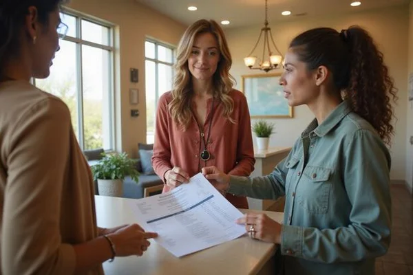Leasing staff showing a renter a printed rental criteria sheet
