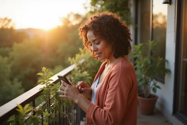 Mother reading her personalized apartment list on her phone on a balcony
