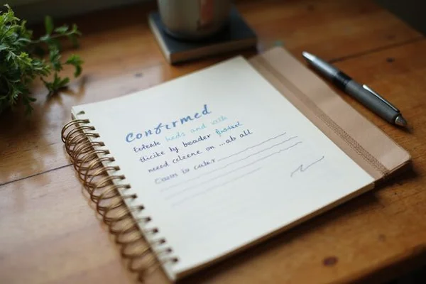 Notebook with columns for confirmed, published, and needs-confirmation details