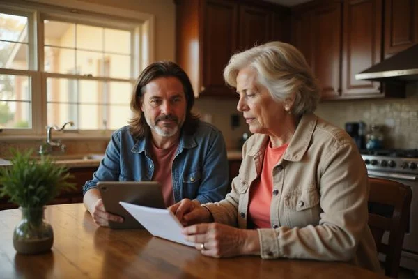 Older woman and adult son reading an apartment list together