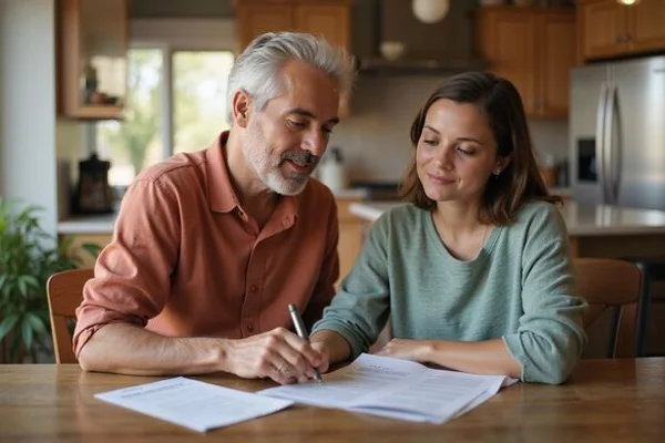 Parent and adult child discussing a guarantor option at a dining table