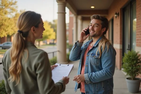 Renter calling a leasing agent with a checklist in hand