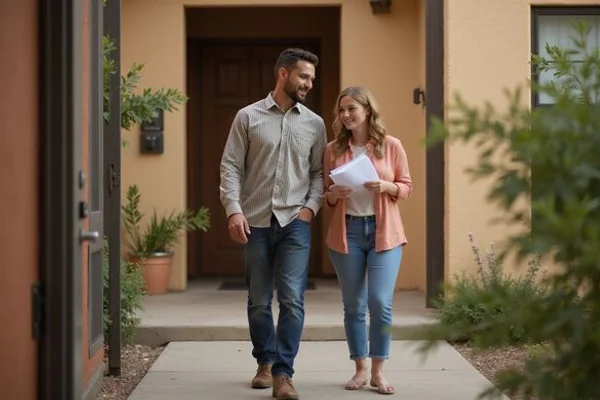 Young couple walking to a leasing office with a folder of questions