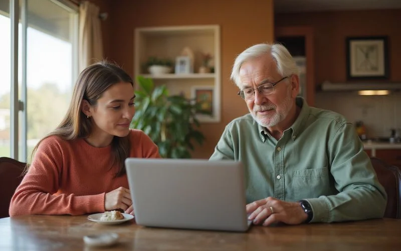 Adult daughter helping her father review senior apartment options