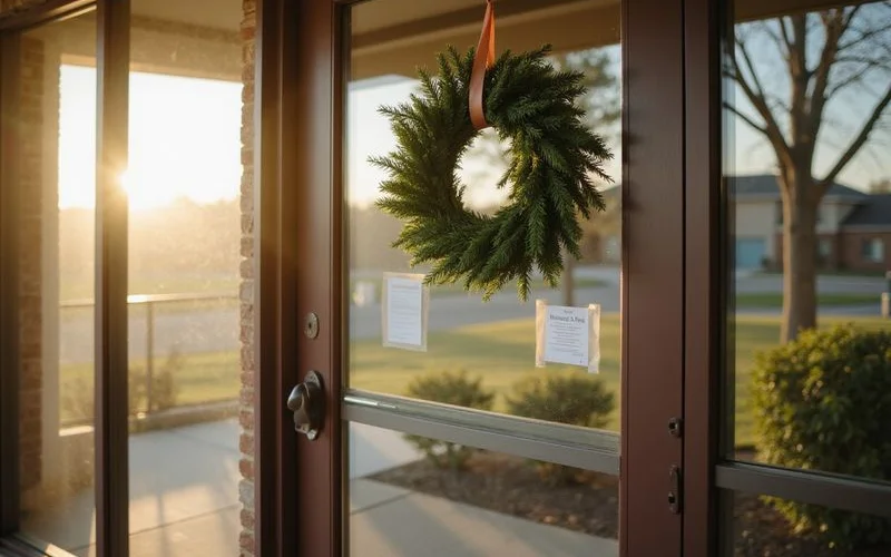 Leasing office door with a holiday hours sign