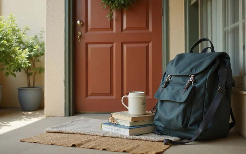 Backpack and textbooks by an apartment door