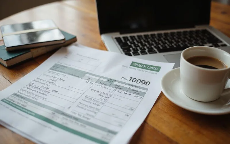 Bank statement and a 1099 form on a desk with a laptop