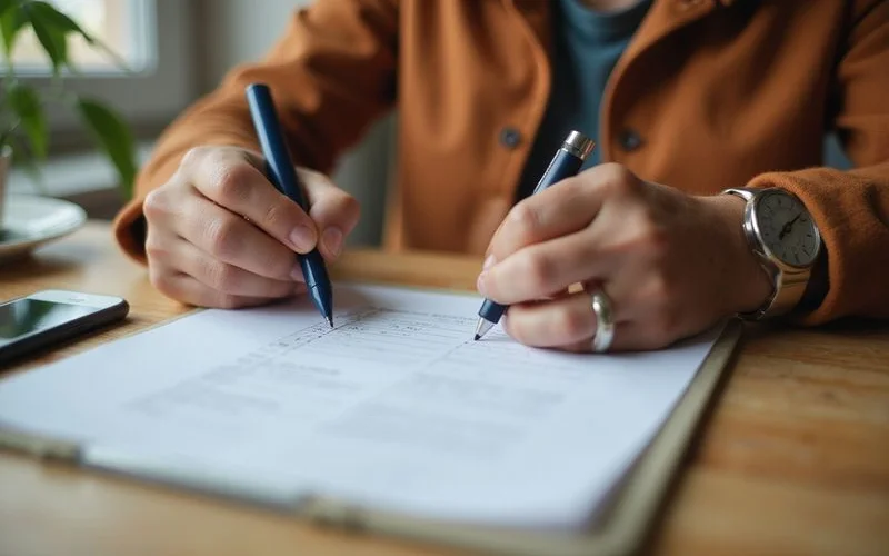 Hands writing a move checklist next to a phone