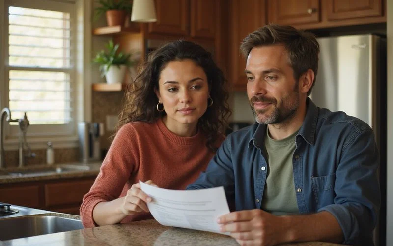 Couple reading a recertification notice at the kitchen counter
