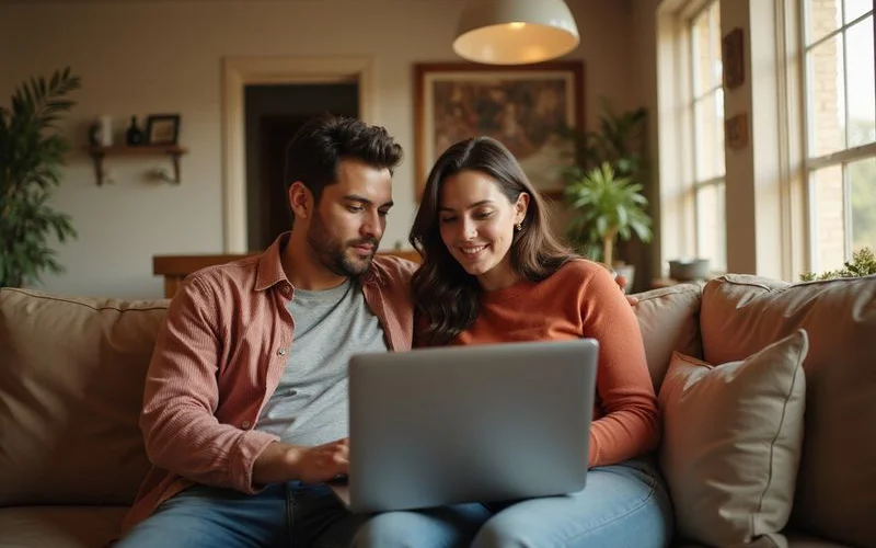 Couple reviewing their household budget on a laptop