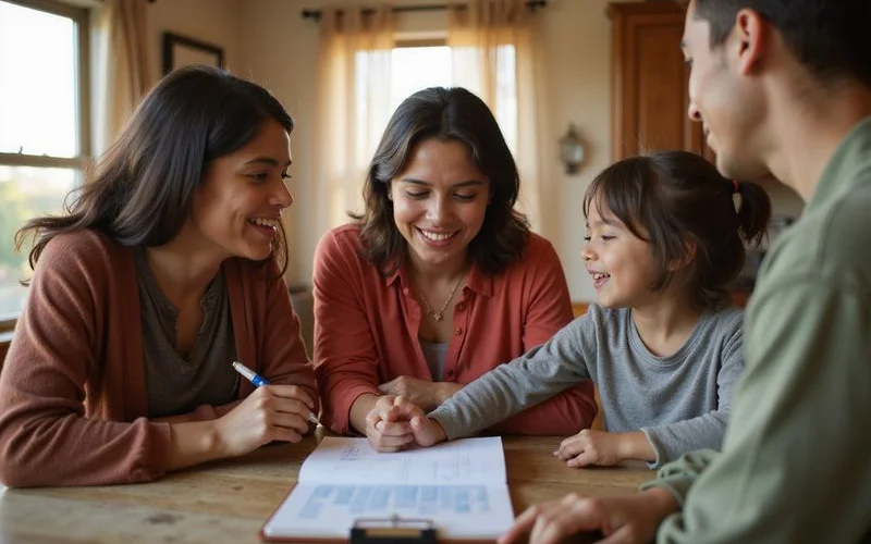Family comparing household income with an apartment's income range