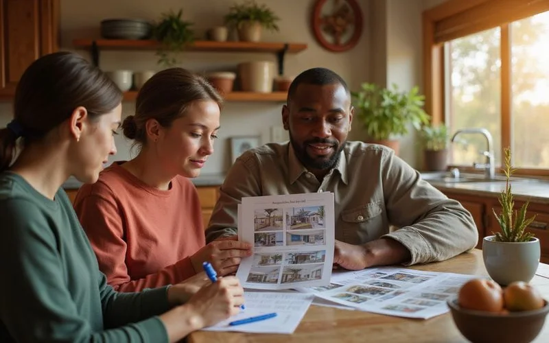Family discussing printed apartment options at a kitchen table