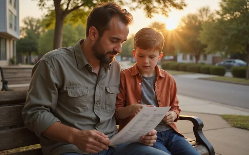 Father and son reviewing a printed apartment list on a bench