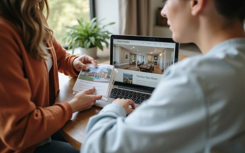 Hands comparing a printed apartment flyer with a website on a laptop