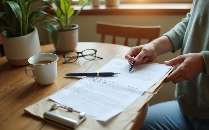 Hands holding a housing paperwork folder on a table