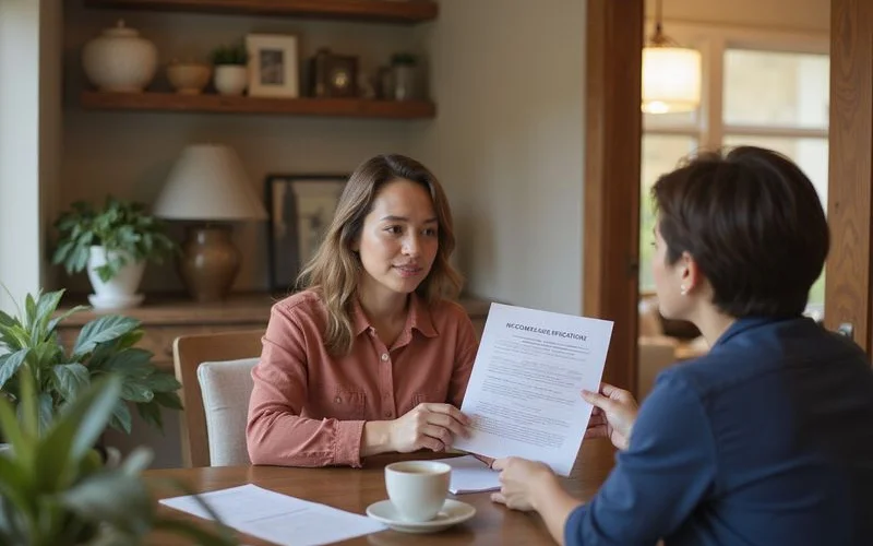 Leasing staff explaining an income verification form to an applicant