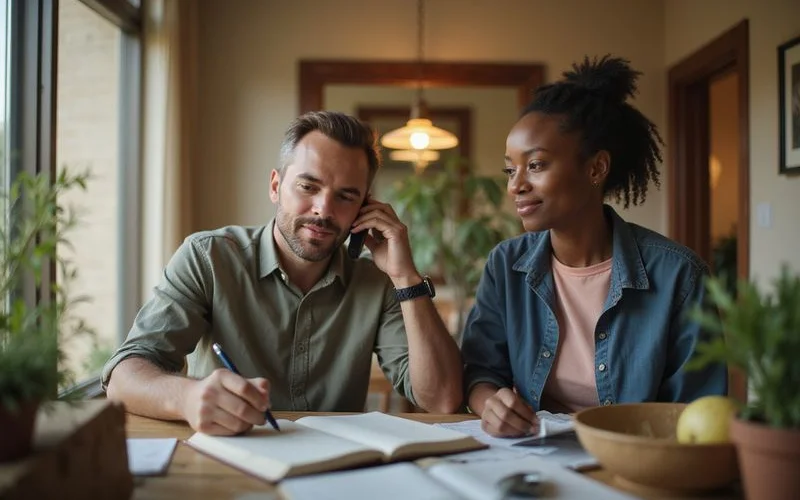 Man confirming an income requirement by phone while writing notes