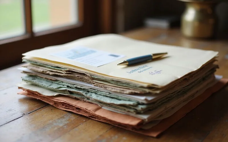 Stack of labeled document folders and a pen