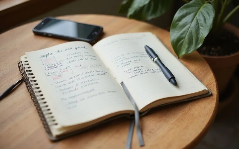 Notebook with a written plan and a phone