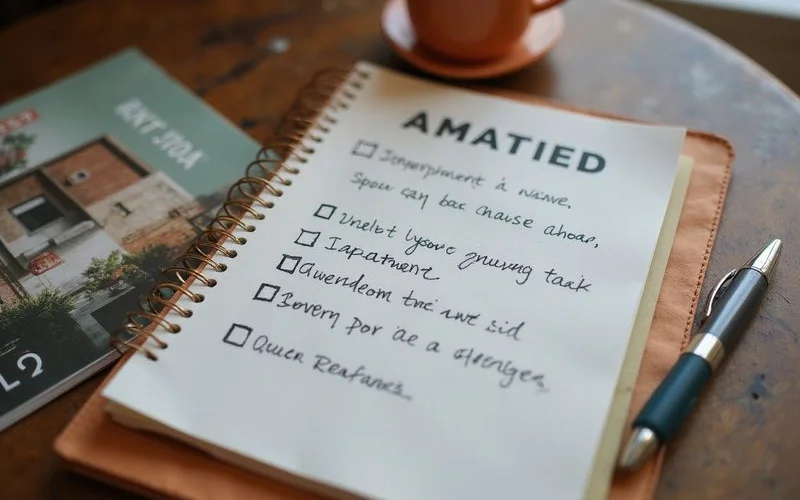 Notepad with a question checklist next to an apartment brochure