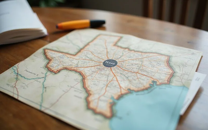 Paper map of a Texas metro with suburbs circled