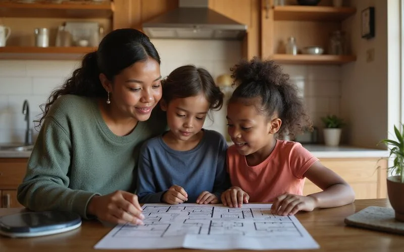 Parent and children looking at an apartment floor plan on a tablet