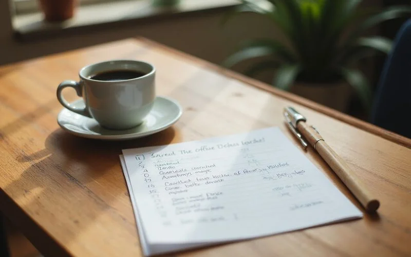 Printed checklist with handwritten notes beside a coffee mug