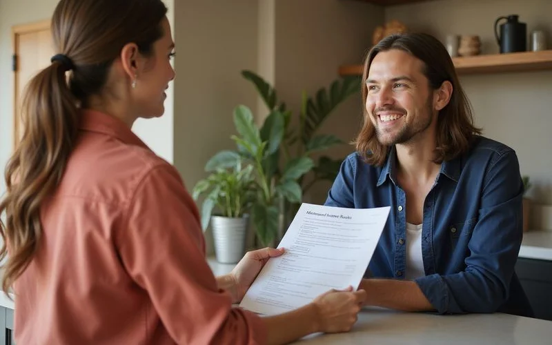 Renter asking a leasing agent about minimum income rules