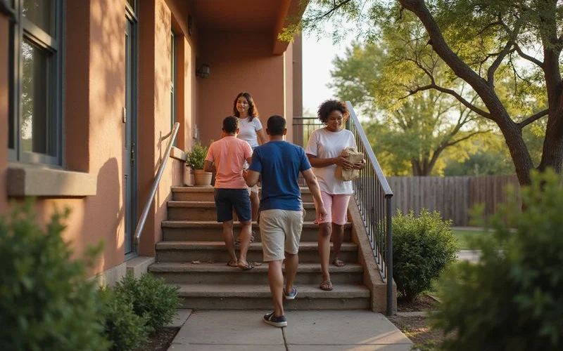 Family carrying groceries up the stairs of an apartment building