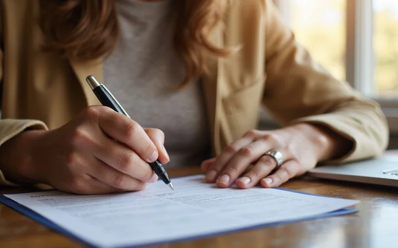 Resident signing a certification form at a leasing office desk