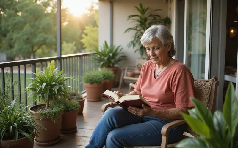 Senior woman reading on a bright apartment patio with plants
