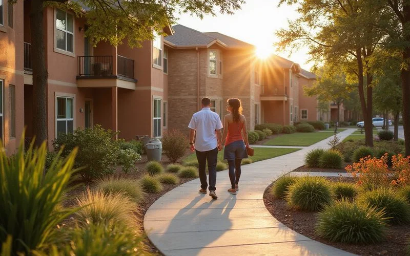 Texas apartment community entrance area at golden hour