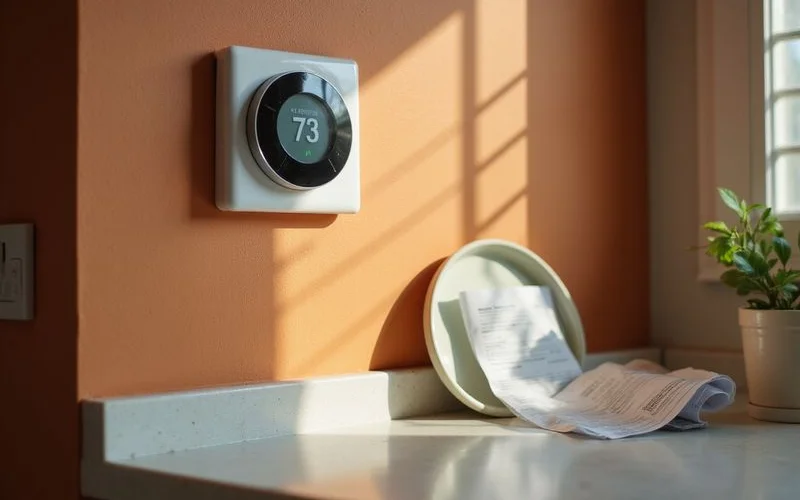 Thermostat and utility bill on a counter
