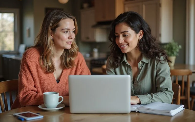 Two roommates comparing combined income with rent on a laptop