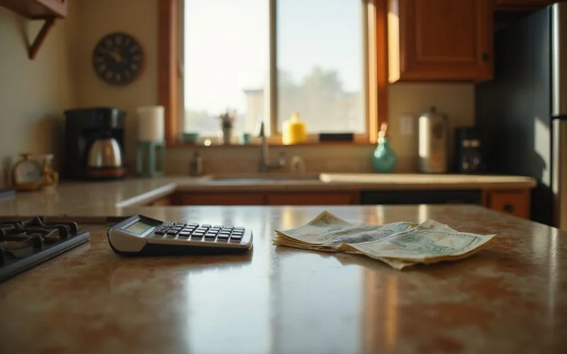 Utility bills and a calculator on a kitchen counter