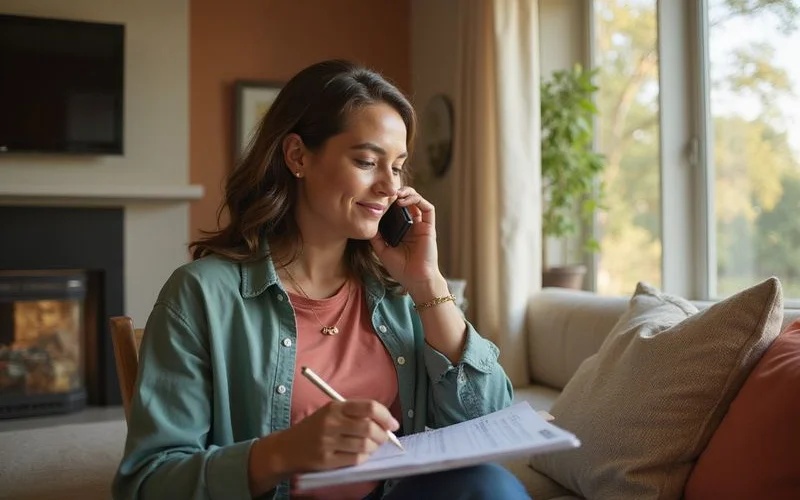 Renter on a phone call with a leasing office while reviewing notes