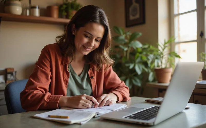 Woman adding up income from two part-time jobs in a notebook