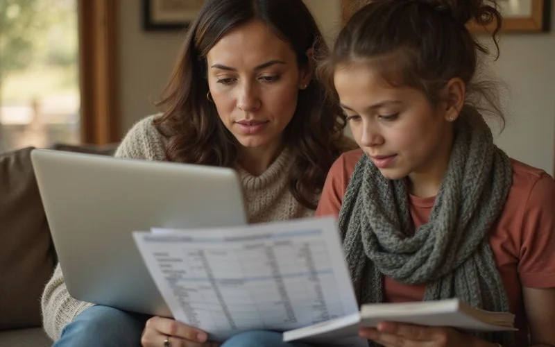 Woman checking a published income limit table on a laptop