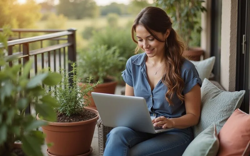 Woman reviewing apartment options on a laptop on a sunny balcony