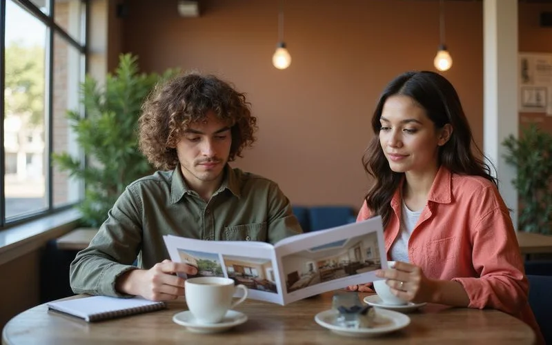 Couple weighing two apartment brochures at a cafe table