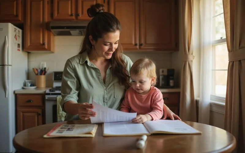 Young single mother with a toddler reading course materials