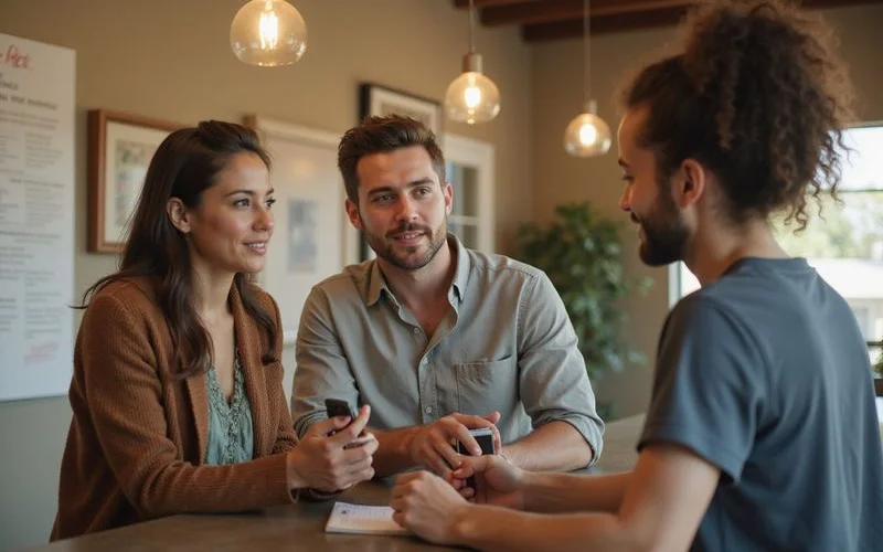 Renter asking a leasing staff member questions at a counter