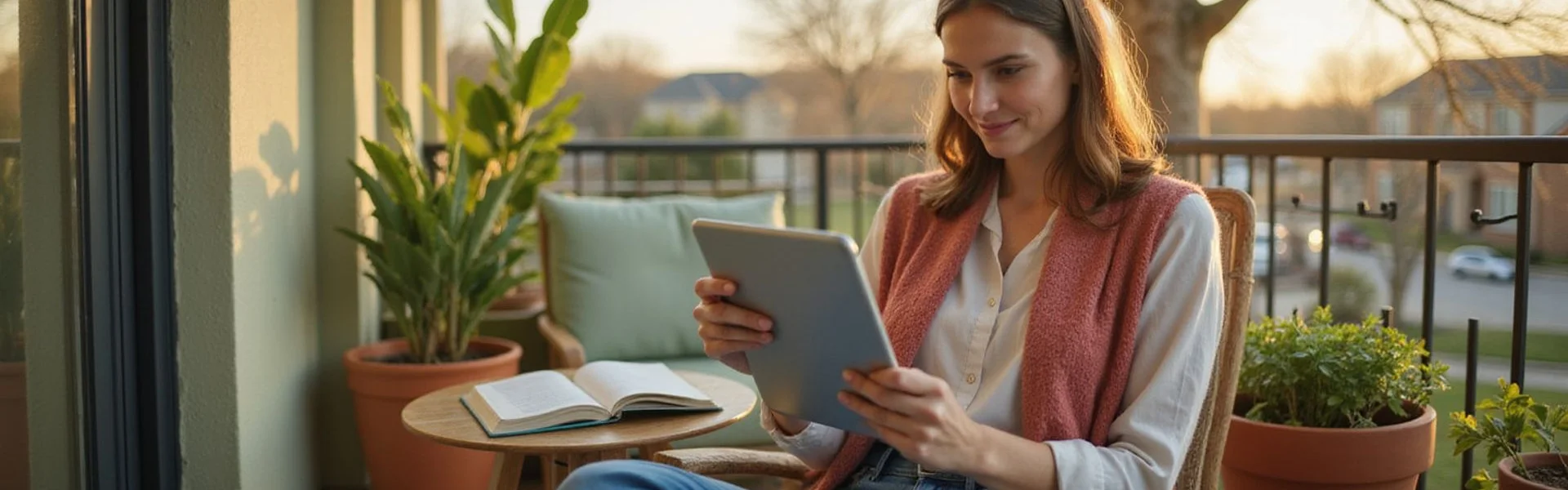Renter reading a housing guide on a tablet on a sunny balcony