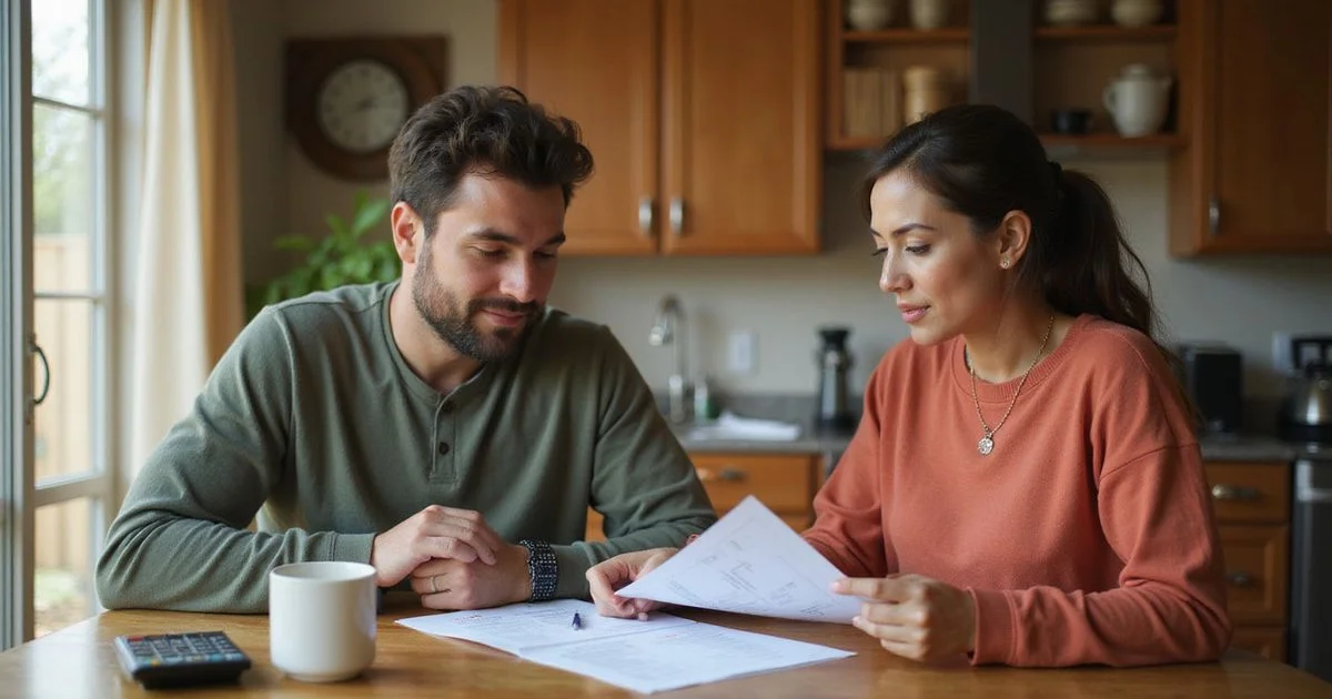 Couple comparing two printed apartment cost sheets at a sunlit table