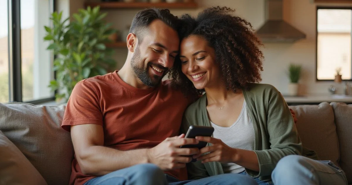 Couple using a calculator app together on a couch