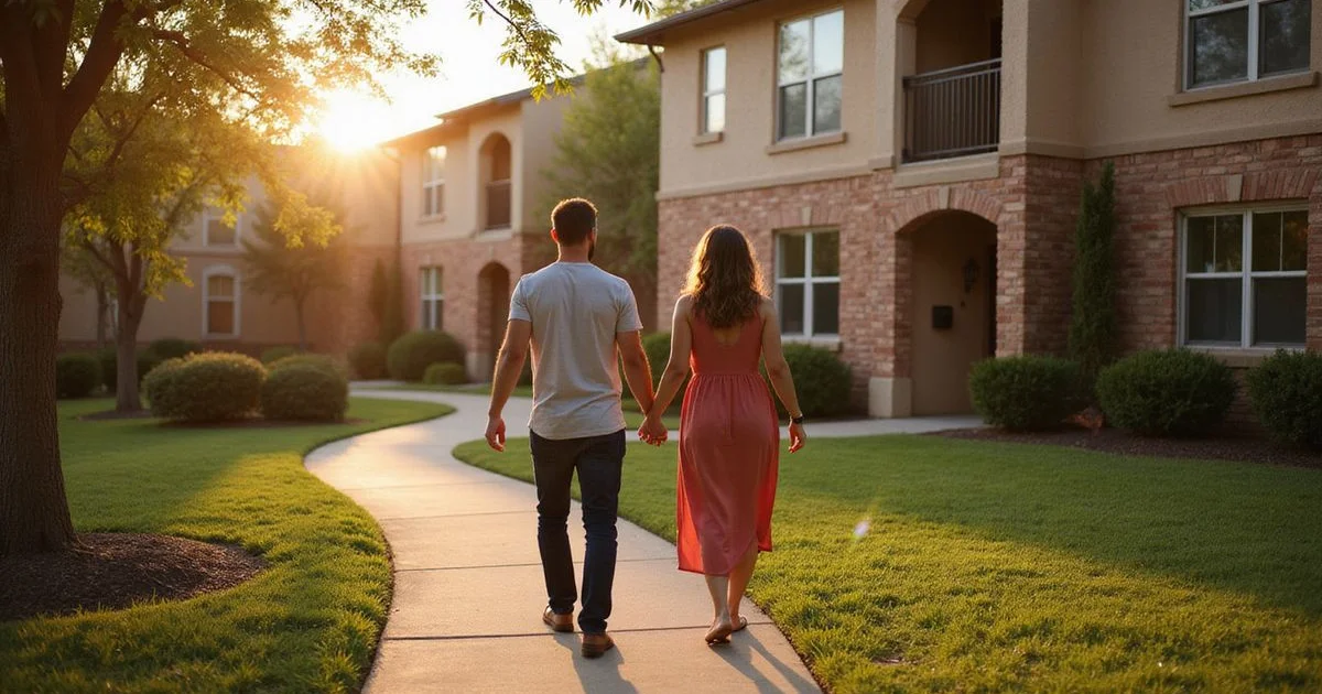 Couple walking toward a well-kept Texas garden apartment building at golden hour