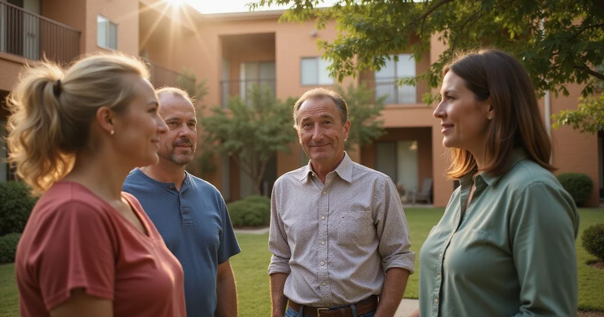 Neighbors chatting outside a bright apartment courtyard