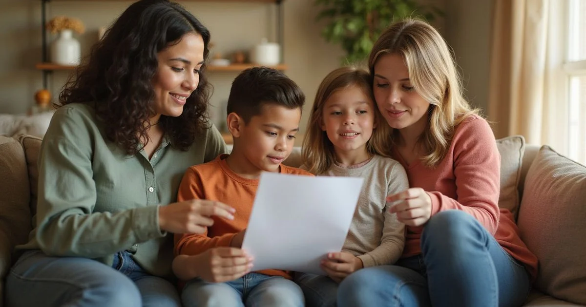 Family of four reviewing paperwork together on a sofa