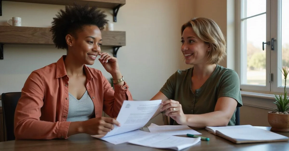 Leasing staff member reviewing forms with a resident at a desk