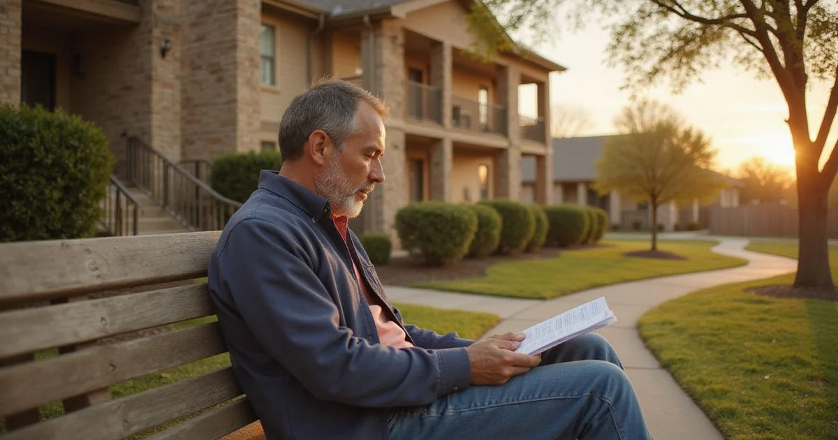 Man reviewing papers on a bench outside an apartment complex